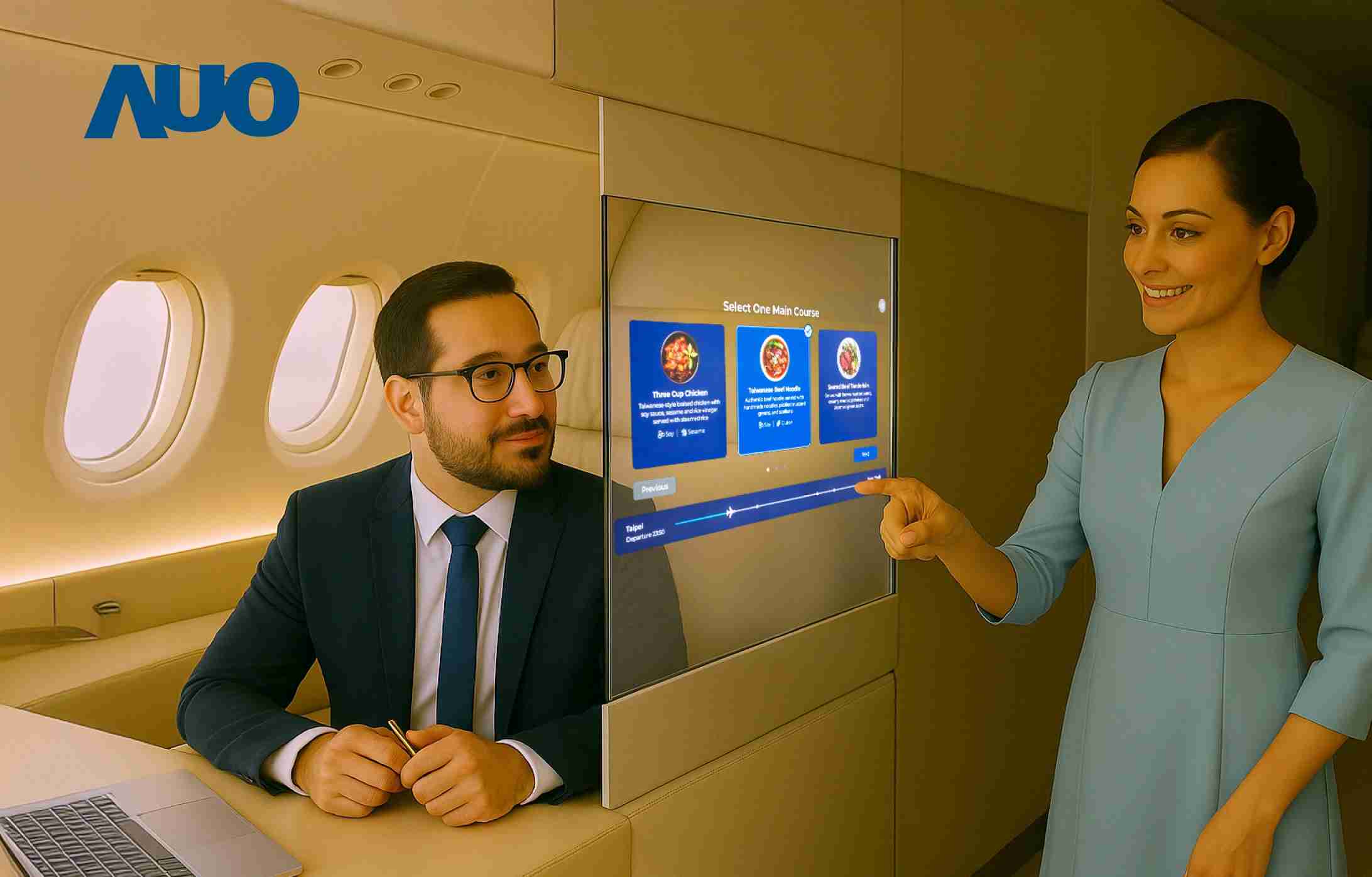 z6尊龙研发全球最薄17.3 吋双面透明 Micro LED 显示器，，，，可在同一屏幕之双边投射不同信息，，，，创造独特的”透明化”互动；图为实时翻译交流应用情境